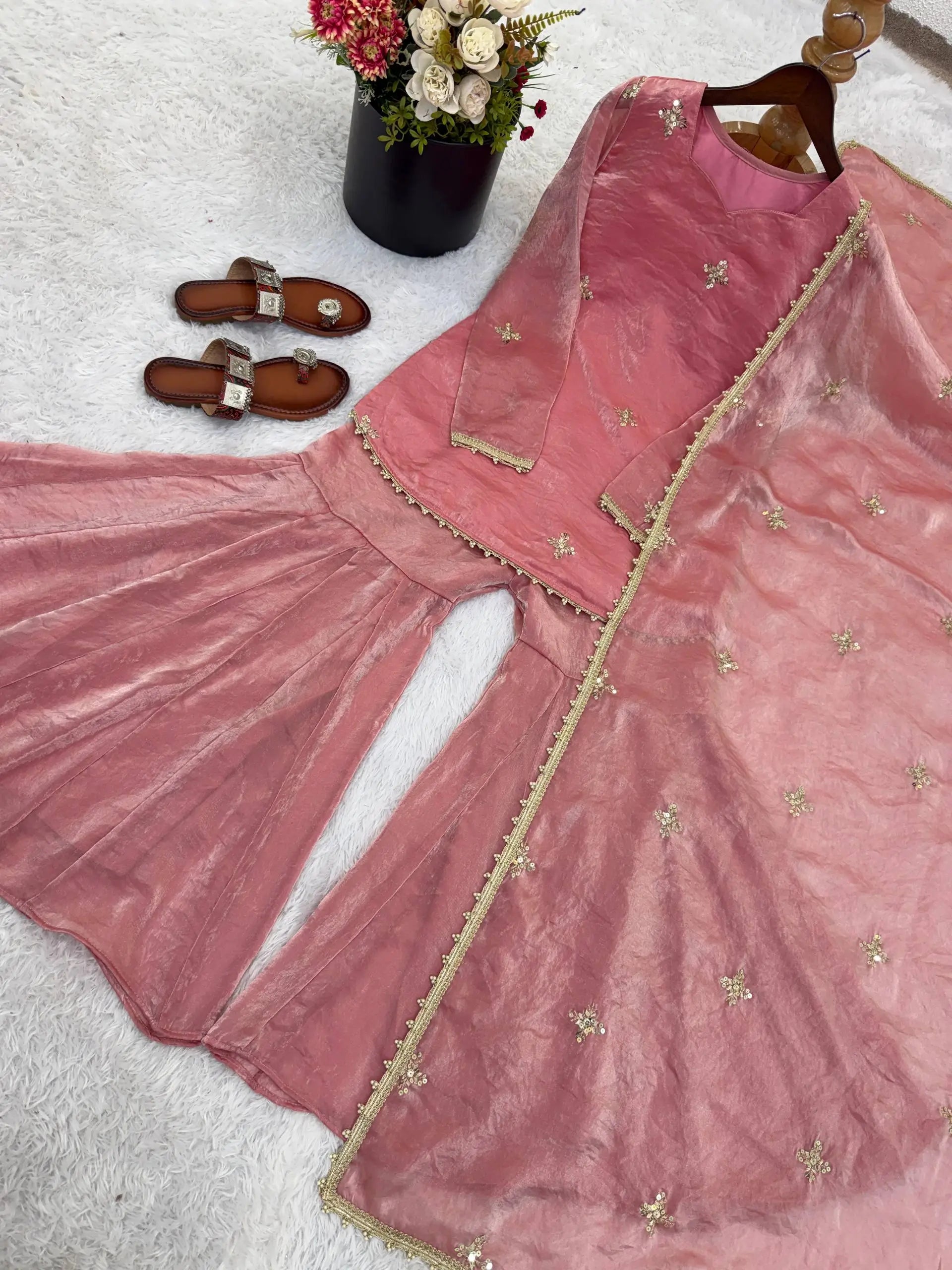 Embroidered Fendi Silk Sharara Set with Dupatta