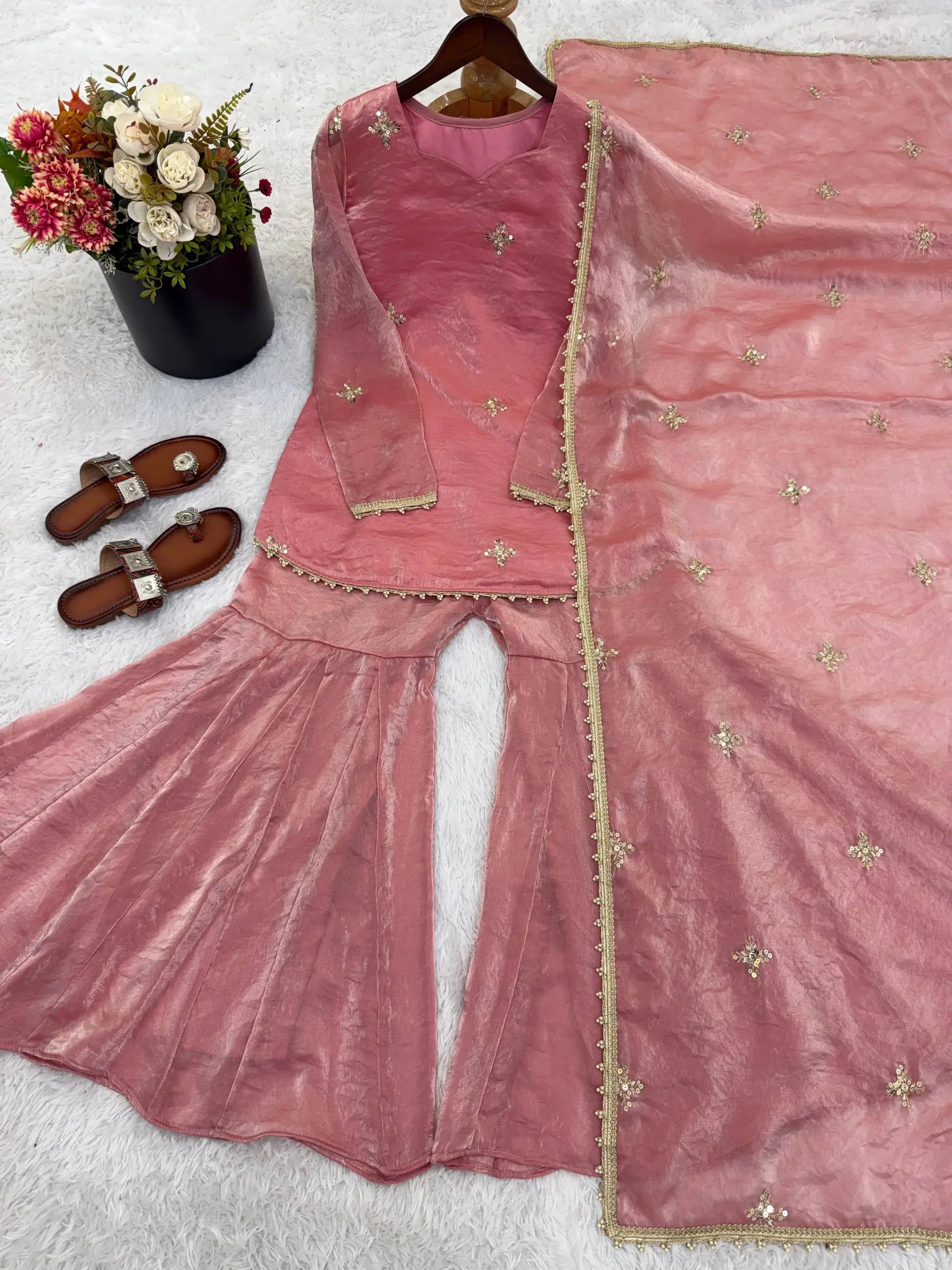 Embroidered Fendi Silk Sharara Set with Dupatta