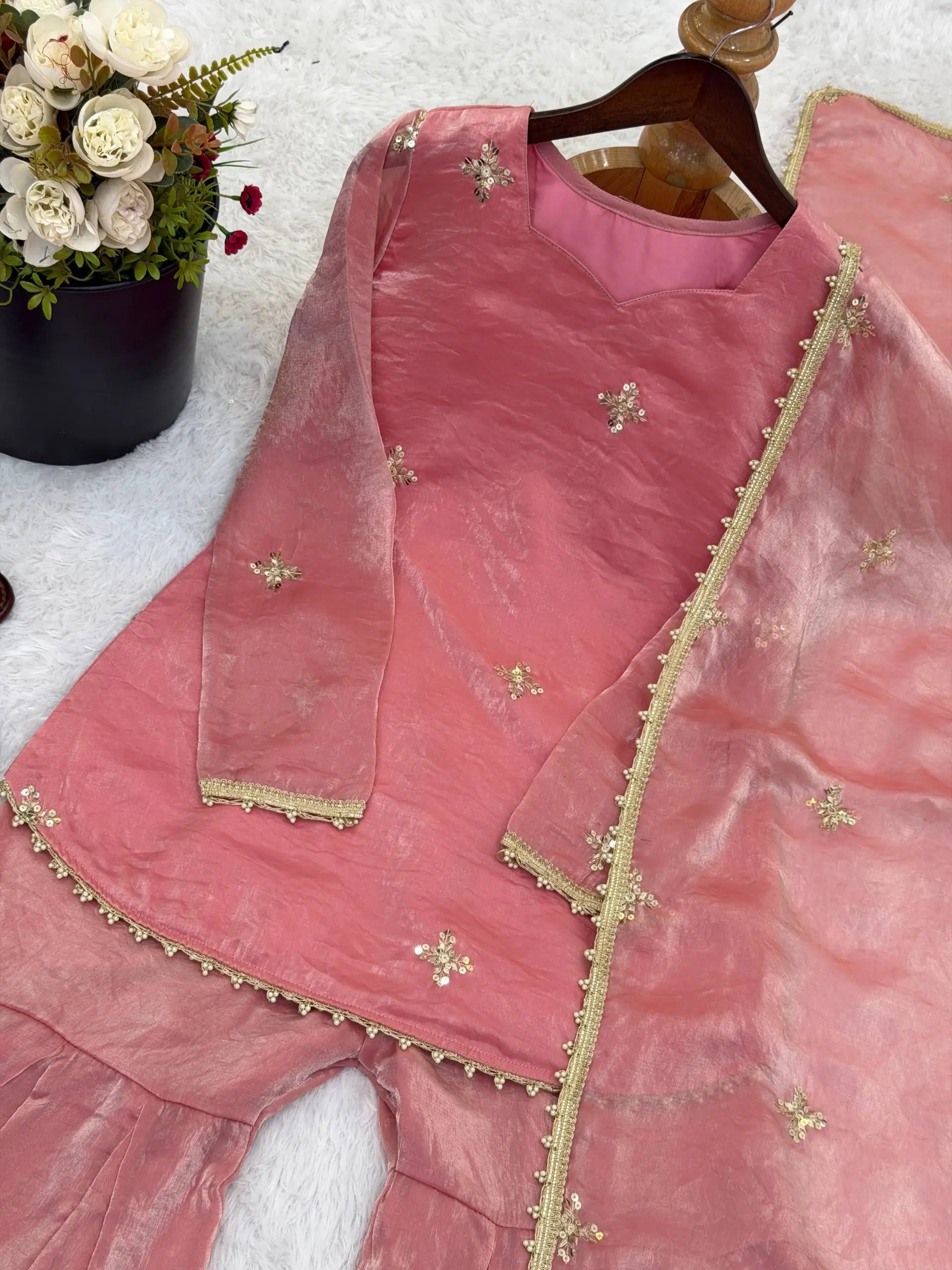 Embroidered Fendi Silk Sharara Set with Dupatta