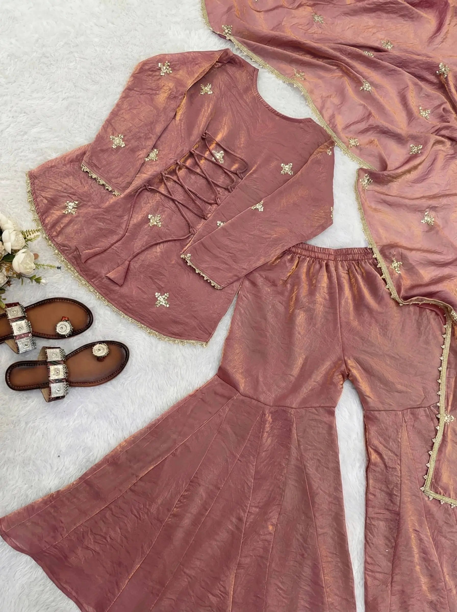 Embroidered Fendi Silk Sharara Set with Dupatta