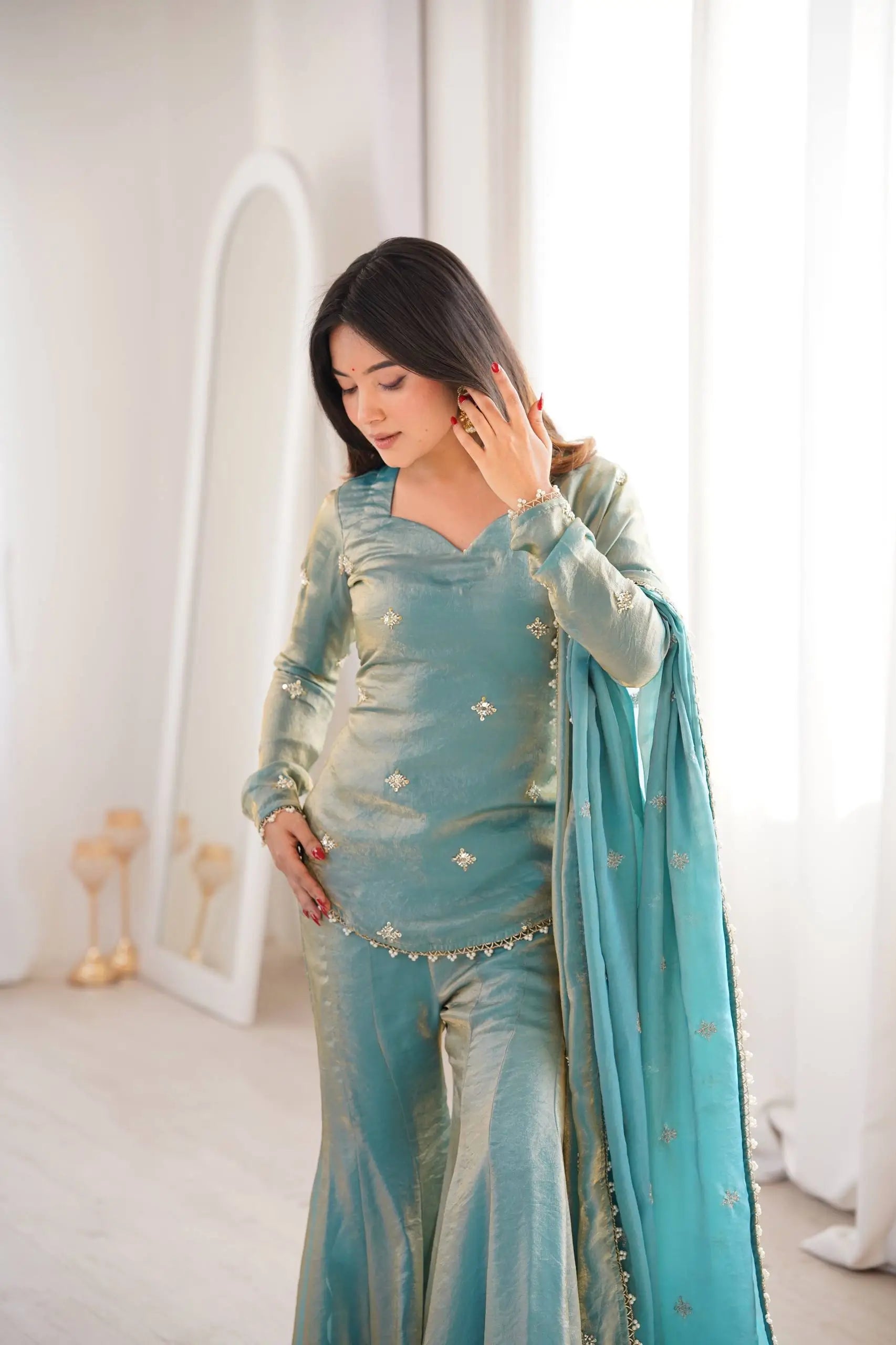 Embroidered Fendi Silk Sharara Set with Dupatta