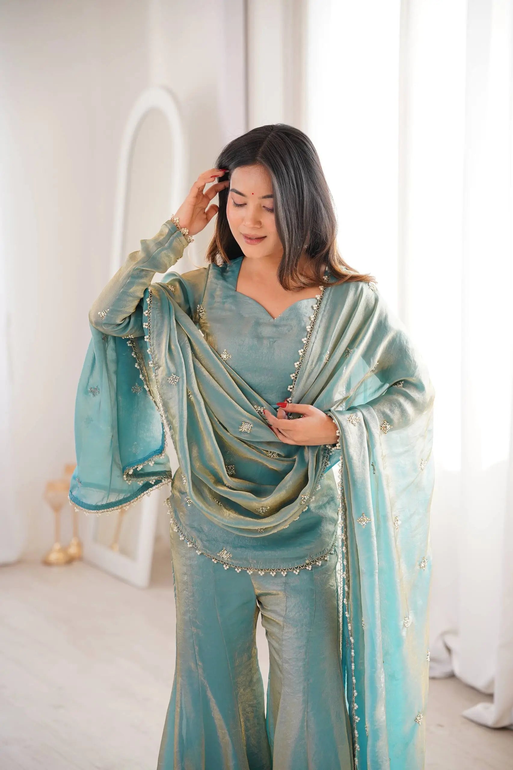 Embroidered Fendi Silk Sharara Set with Dupatta