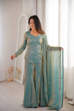 Embroidered Fendi Silk Sharara Set with Dupatta