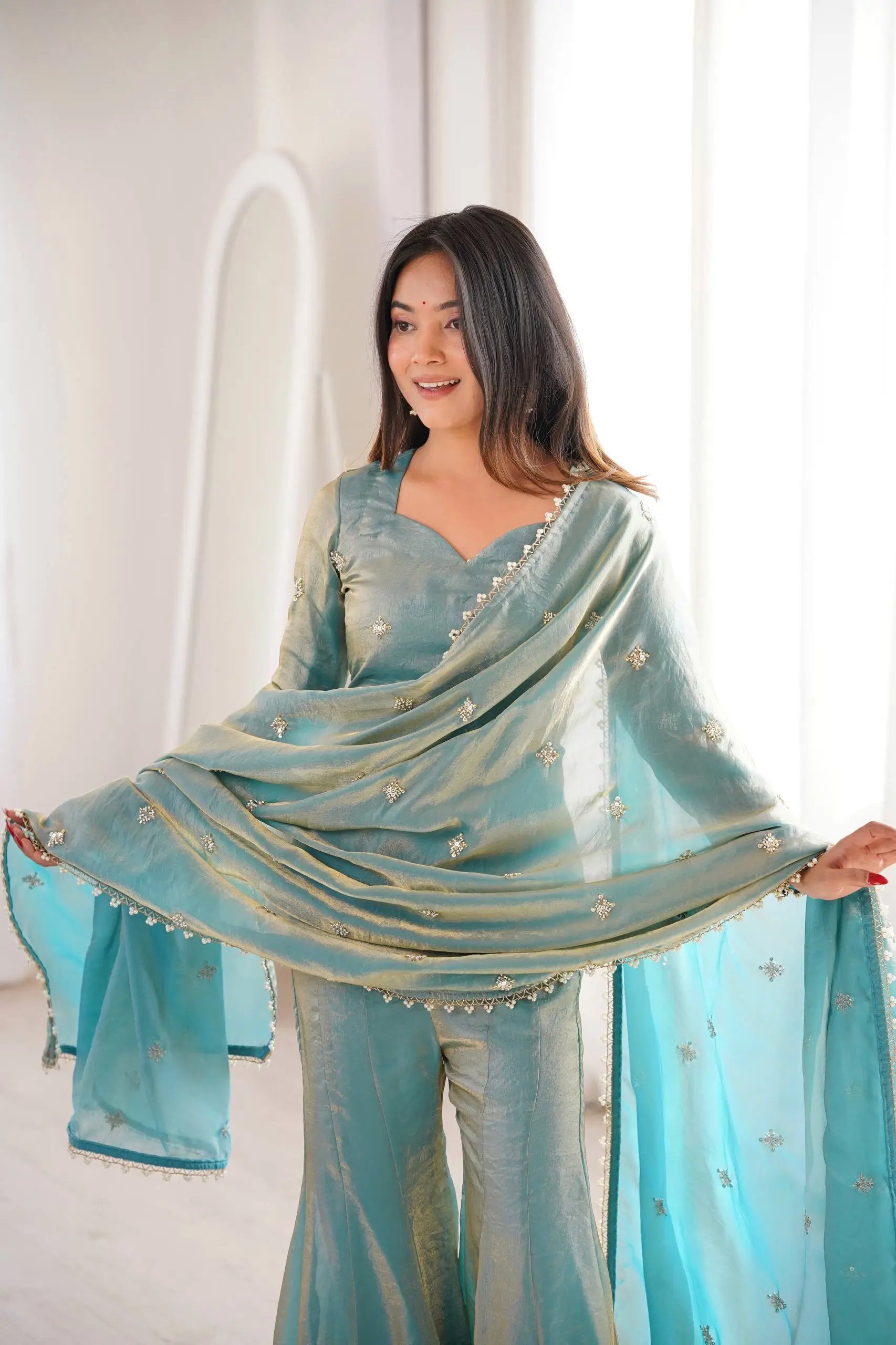 Embroidered Fendi Silk Sharara Set with Dupatta