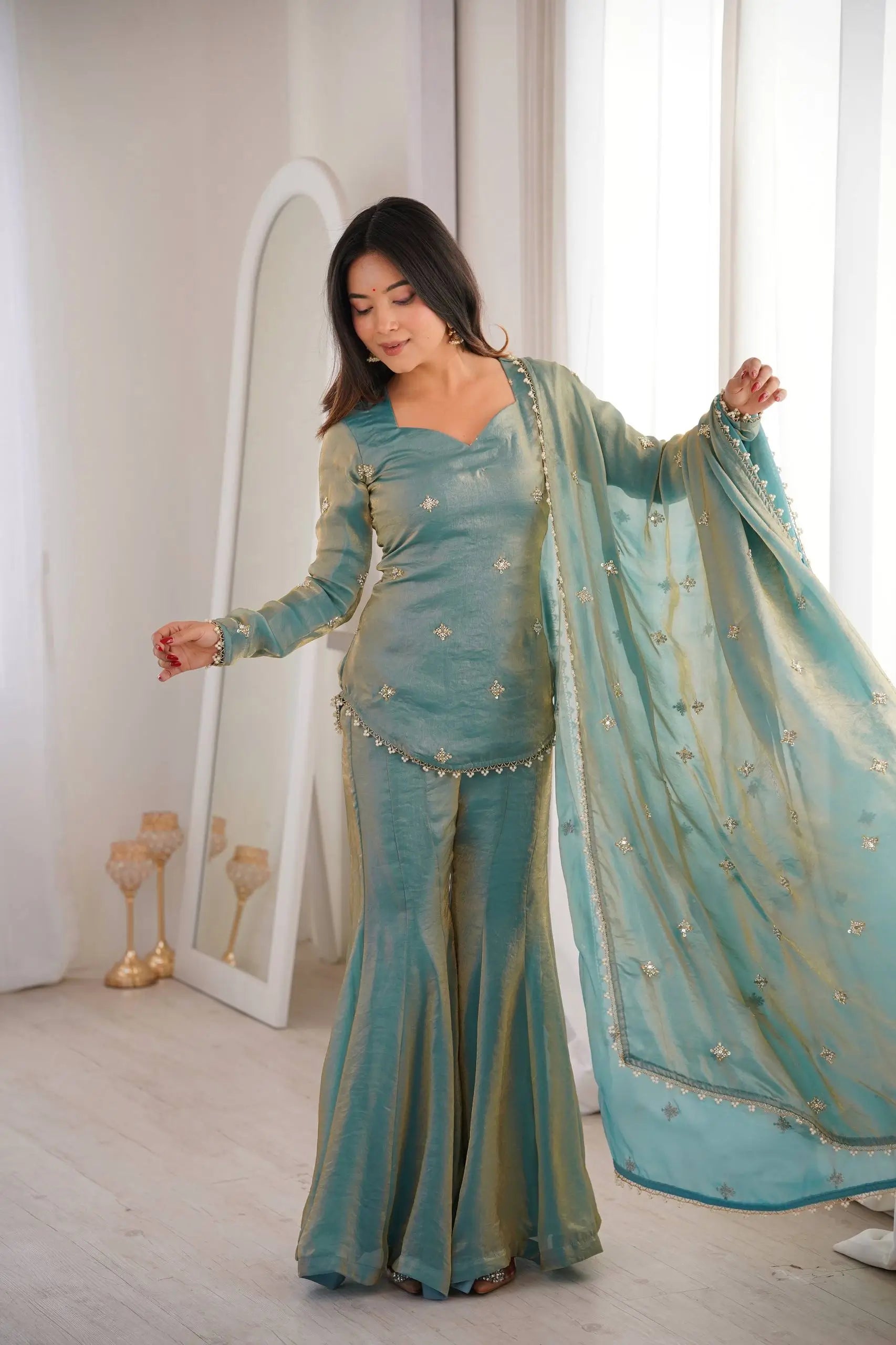 Embroidered Fendi Silk Sharara Set with Dupatta