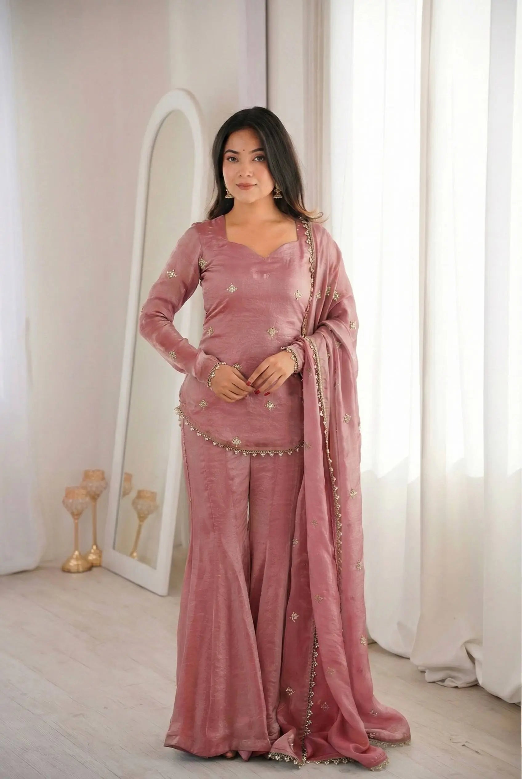 Embroidered Fendi Silk Sharara Set with Dupatta
