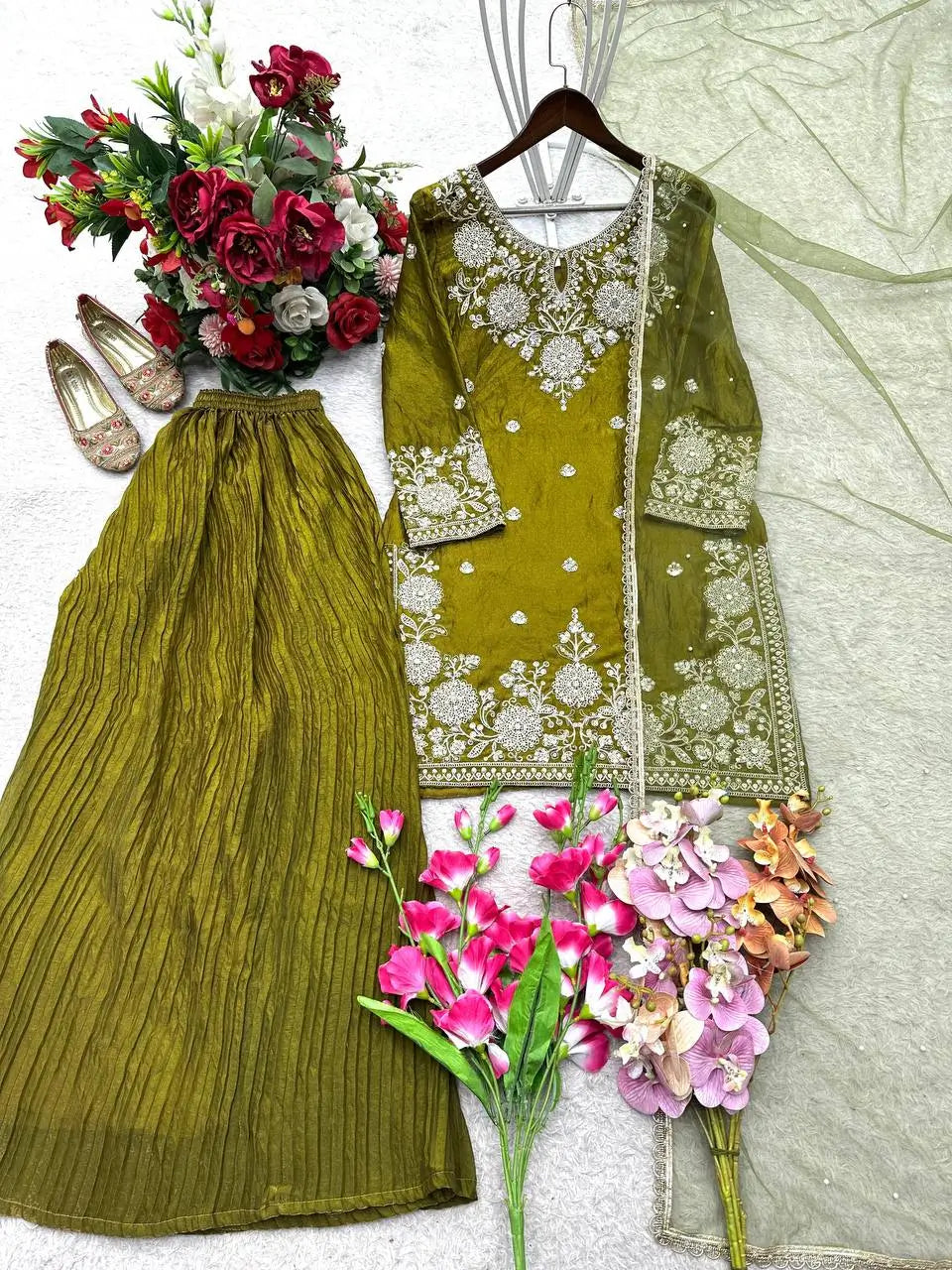 Embroidered Fendy Kurti Palazzo Set for Wedding and Festive Wear