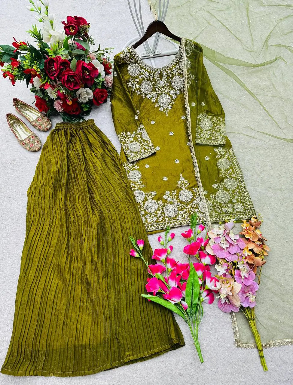 Embroidered Fendy Kurti Palazzo Set for Wedding and Festive Wear