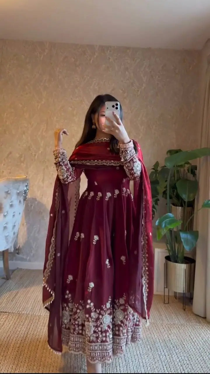 Embroidered Fendy Silk Anarkali Set with Dupatta