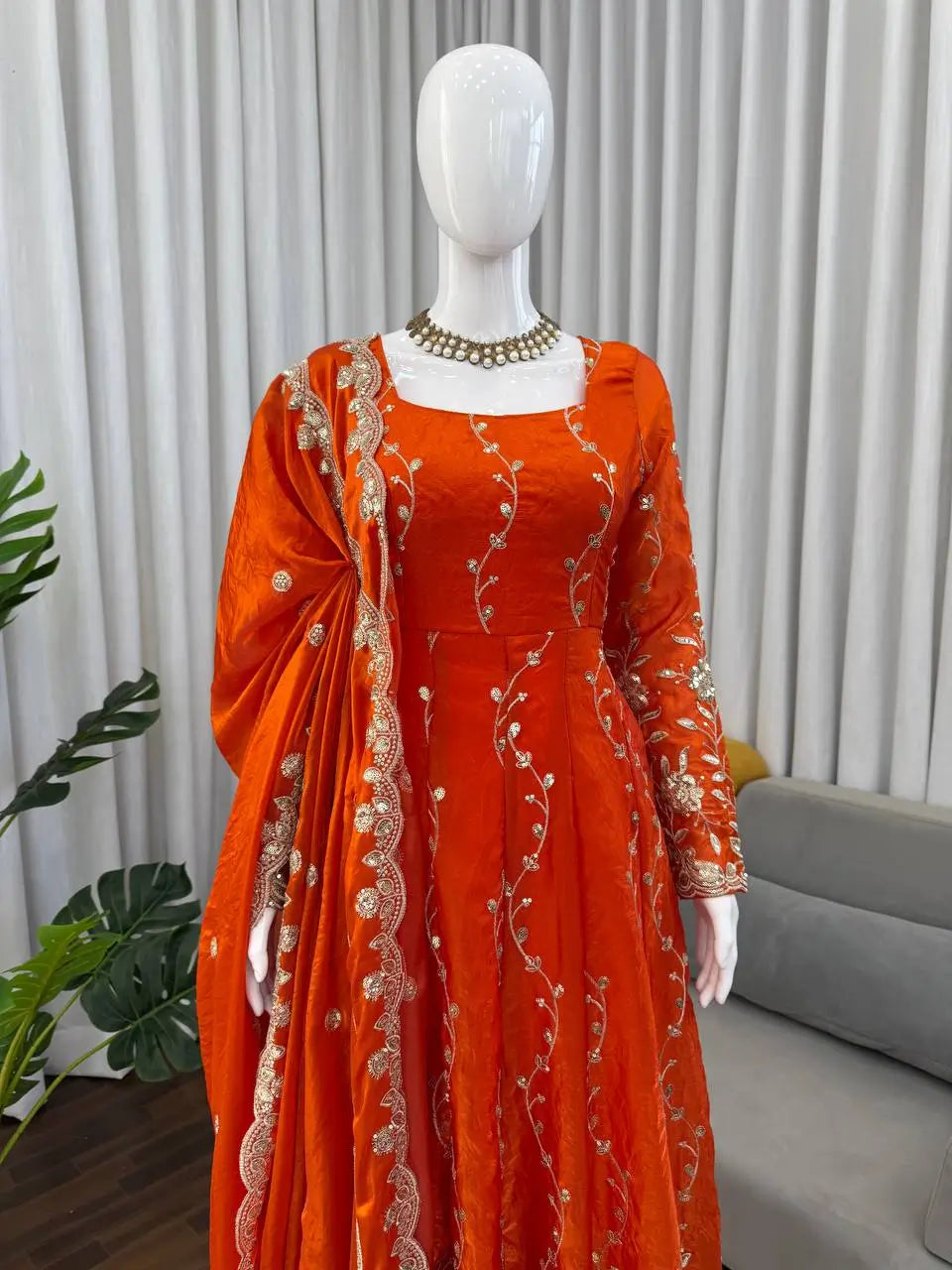 Embroidered Fendy Silk Anarkali Set with Dupatta