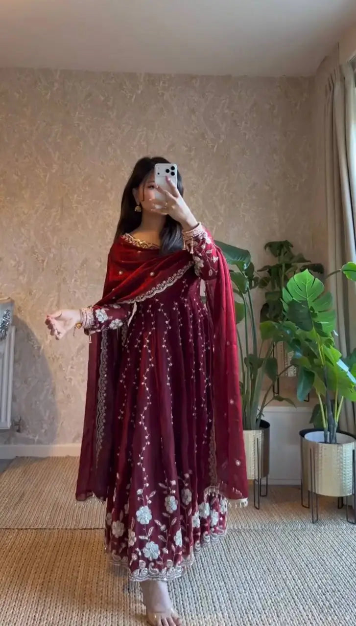 Embroidered Fendy Silk Anarkali Set with Dupatta