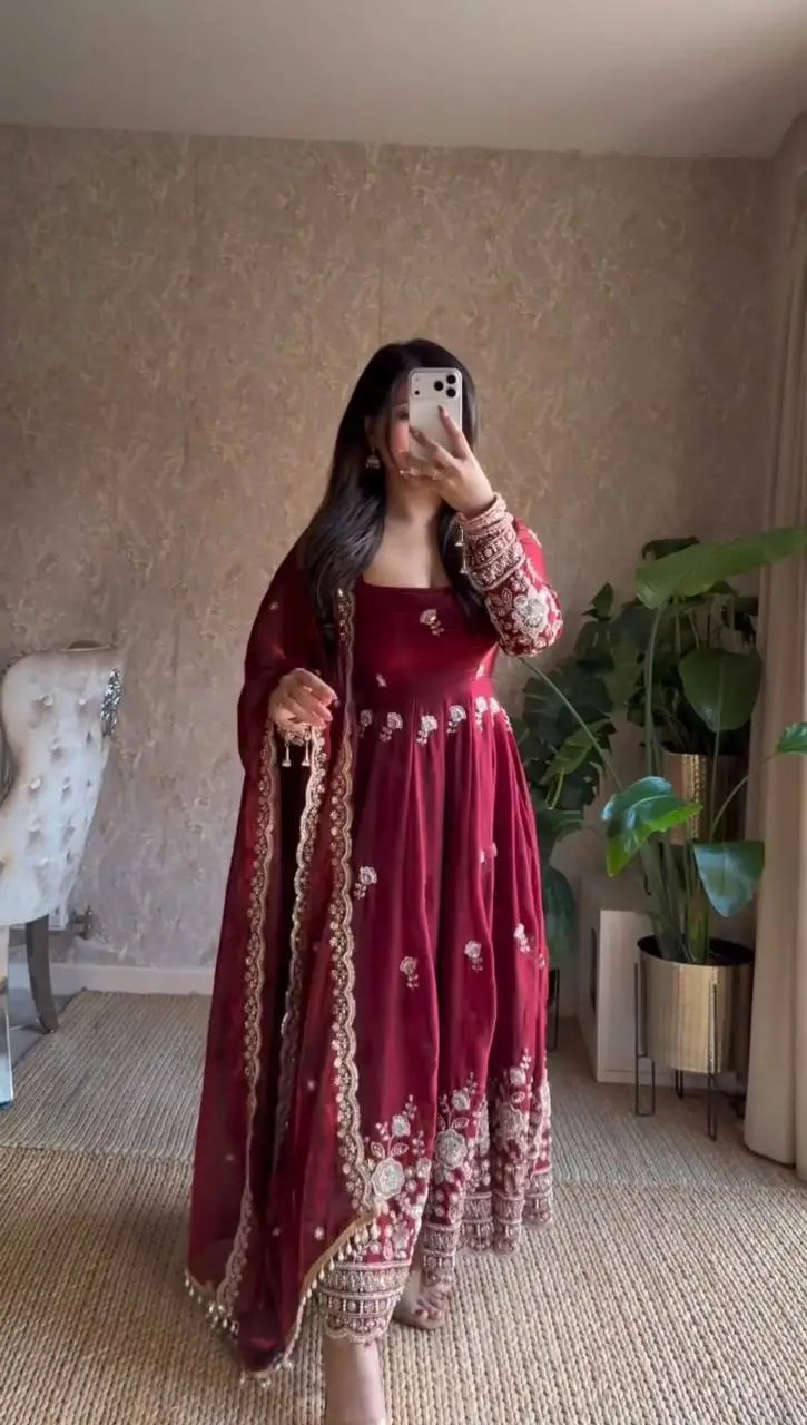 Embroidered Fendy Silk Anarkali Set with Dupatta