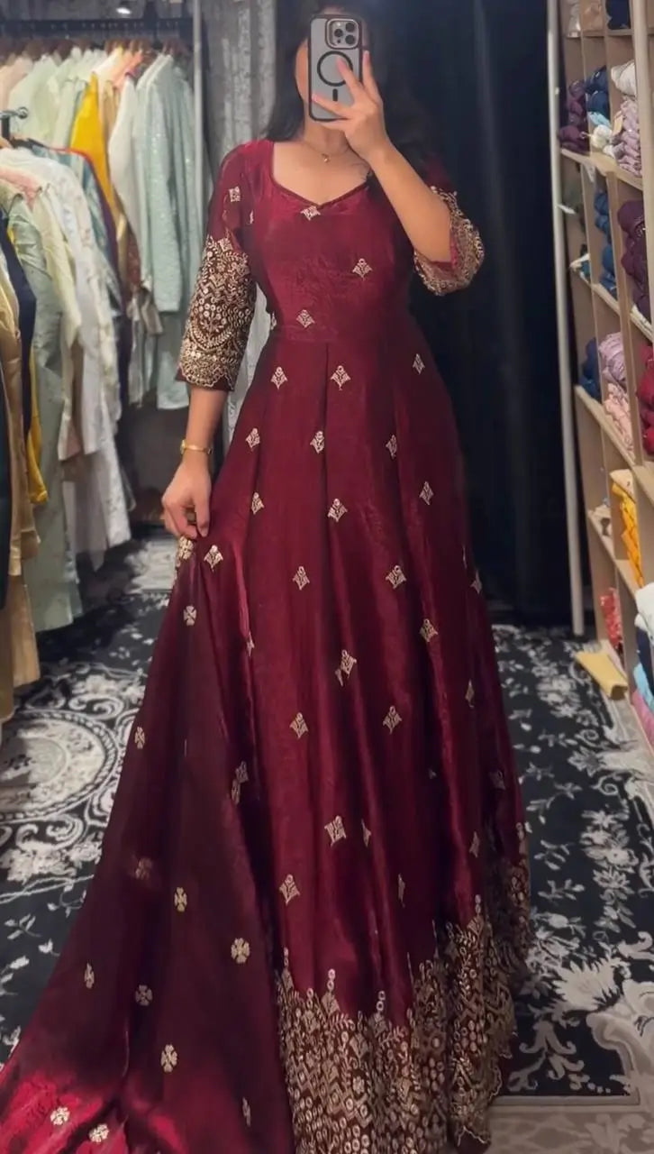 Embroidered Fendy Silk Anarkali Set with Dupatta
