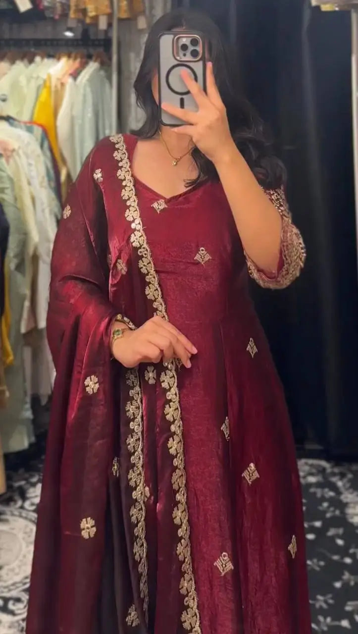 Embroidered Fendy Silk Anarkali Set with Dupatta
