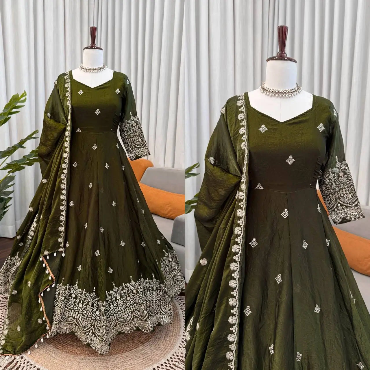Embroidered Fendy Silk Anarkali Set with Dupatta