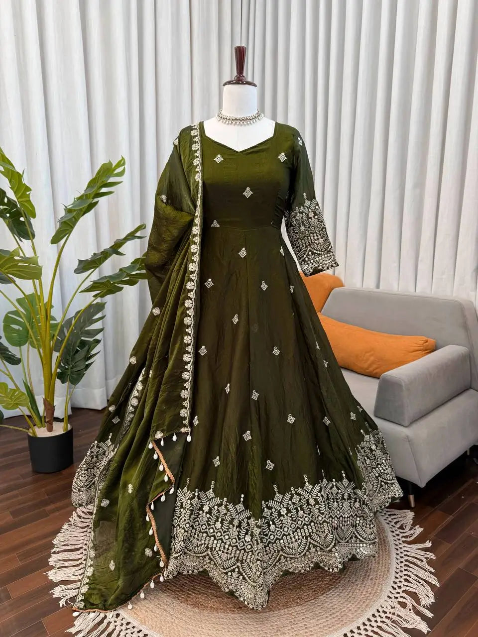 Embroidered Fendy Silk Anarkali Set with Dupatta