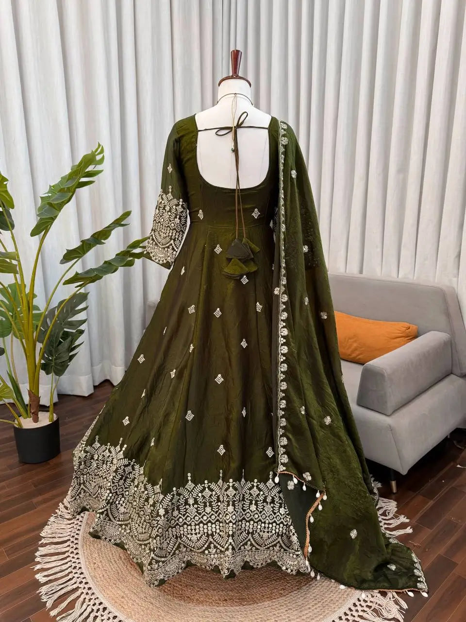 Embroidered Fendy Silk Anarkali Set with Dupatta