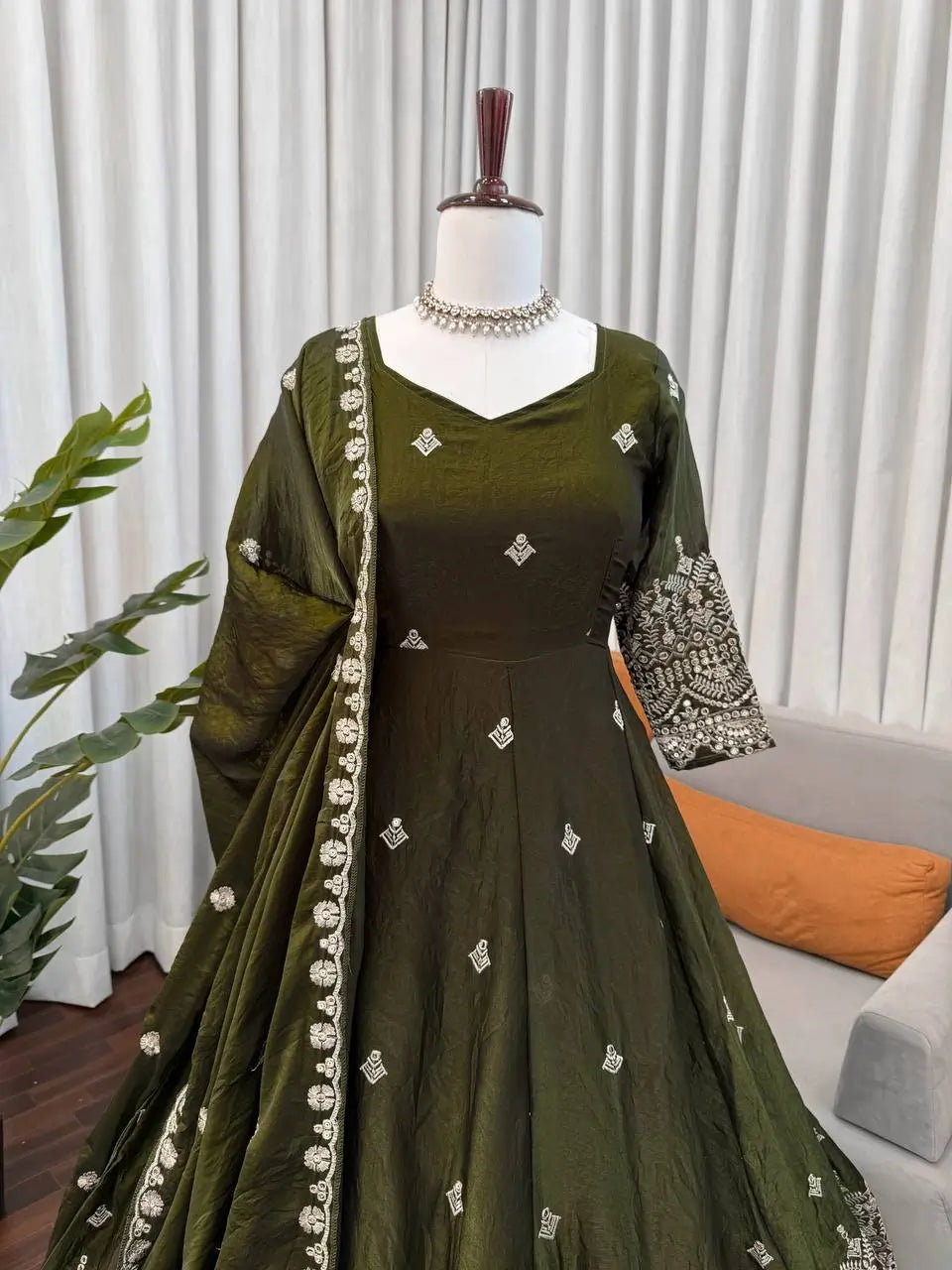 Embroidered Fendy Silk Anarkali Set with Dupatta