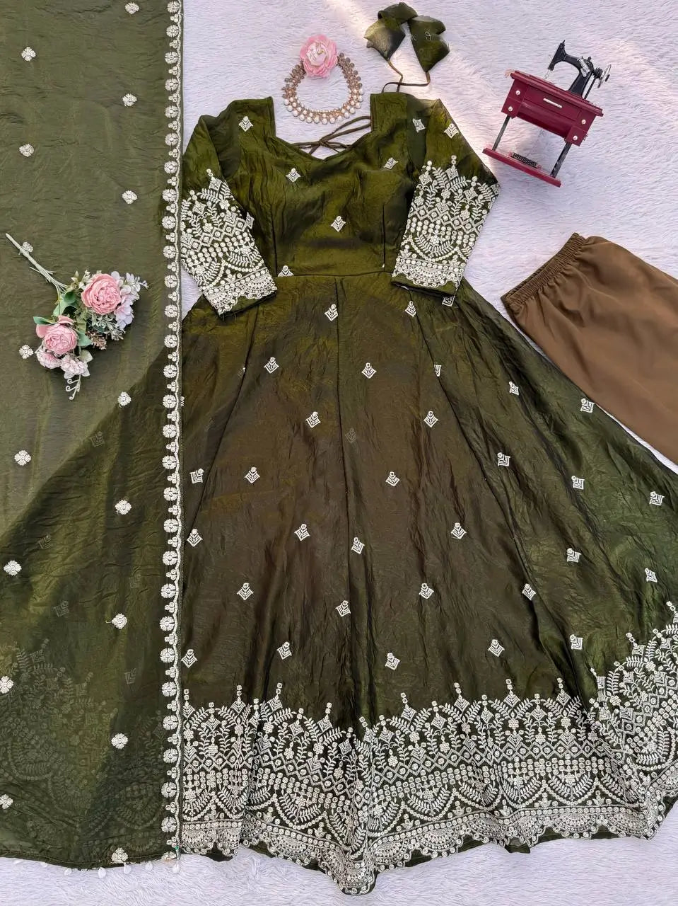 Embroidered Fendy Silk Anarkali Set with Dupatta