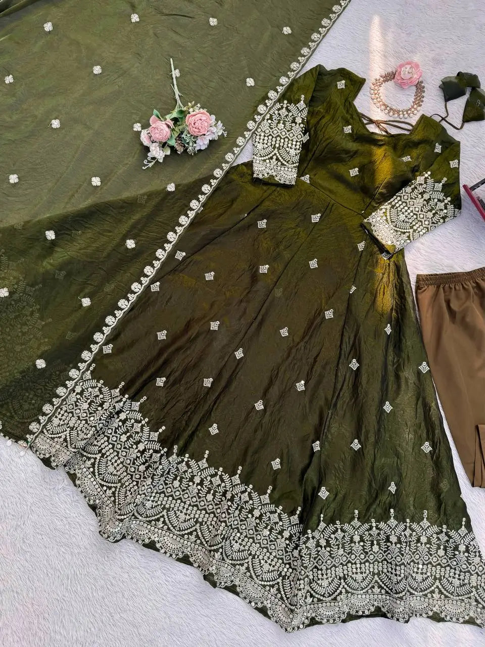 Embroidered Fendy Silk Anarkali Set with Dupatta