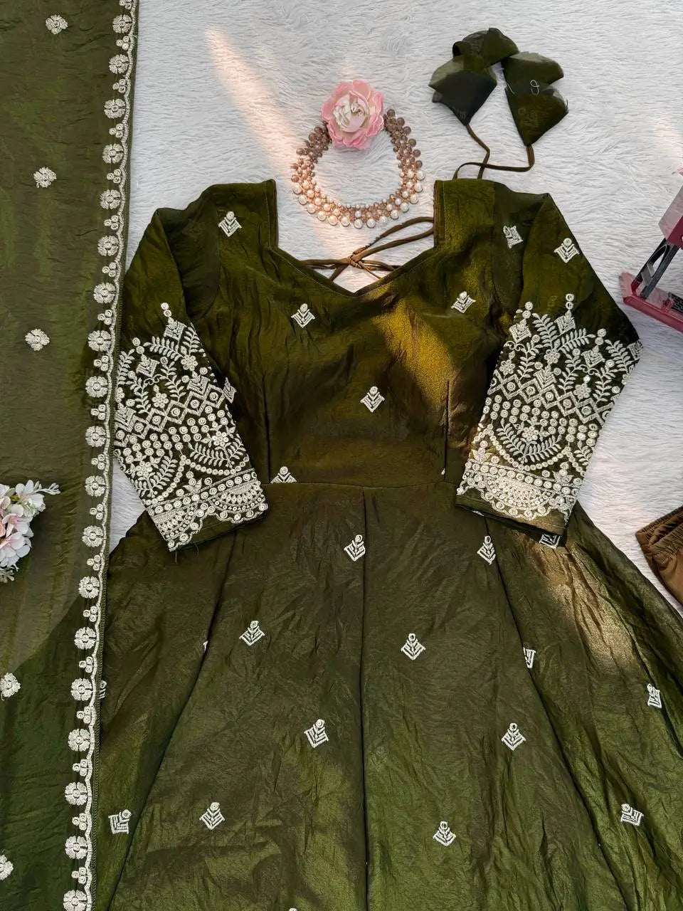 Embroidered Fendy Silk Anarkali Set with Dupatta