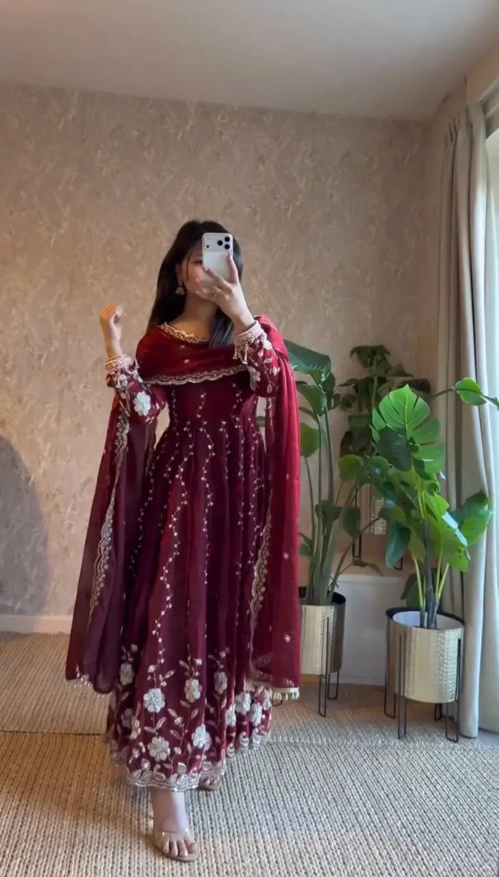 Embroidered Fendy Silk Anarkali Set with Dupatta
