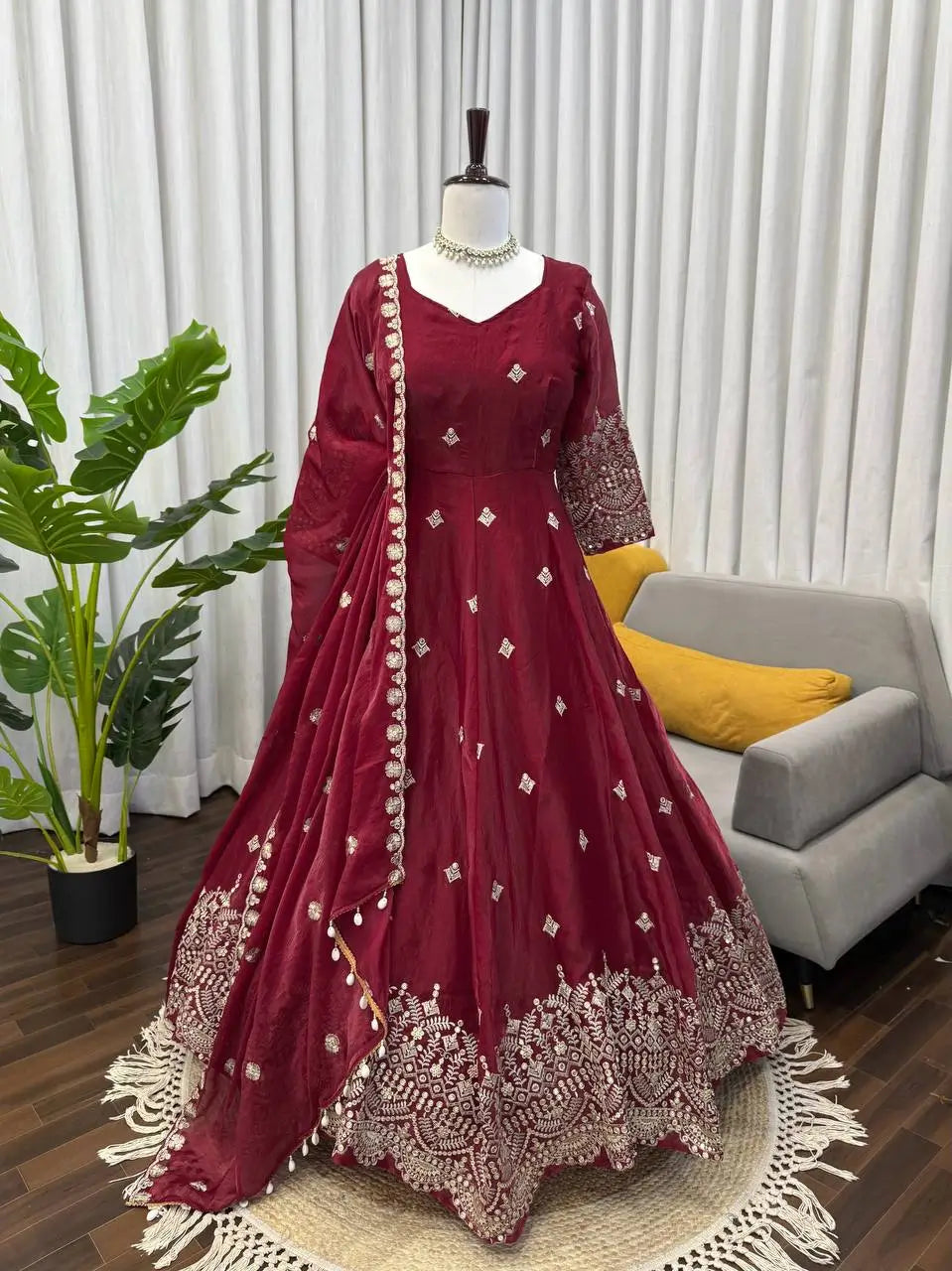 Embroidered Fendy Silk Anarkali Set with Dupatta