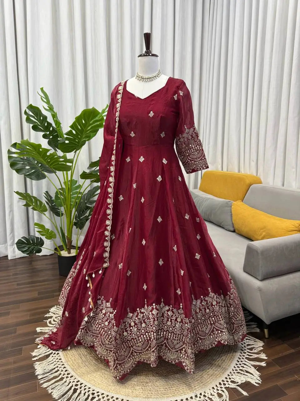 Embroidered Fendy Silk Anarkali Set with Dupatta