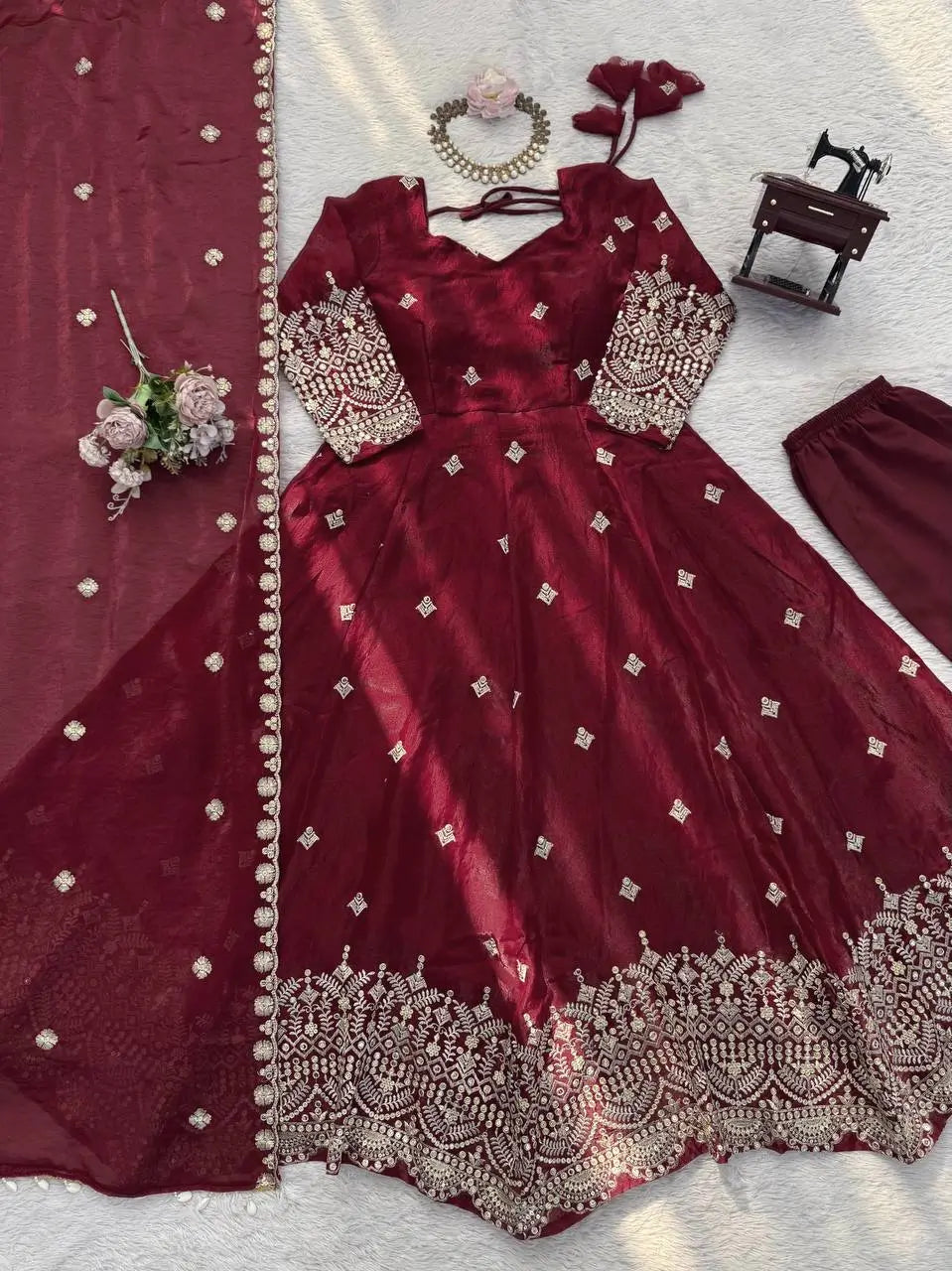 Embroidered Fendy Silk Anarkali Set with Dupatta