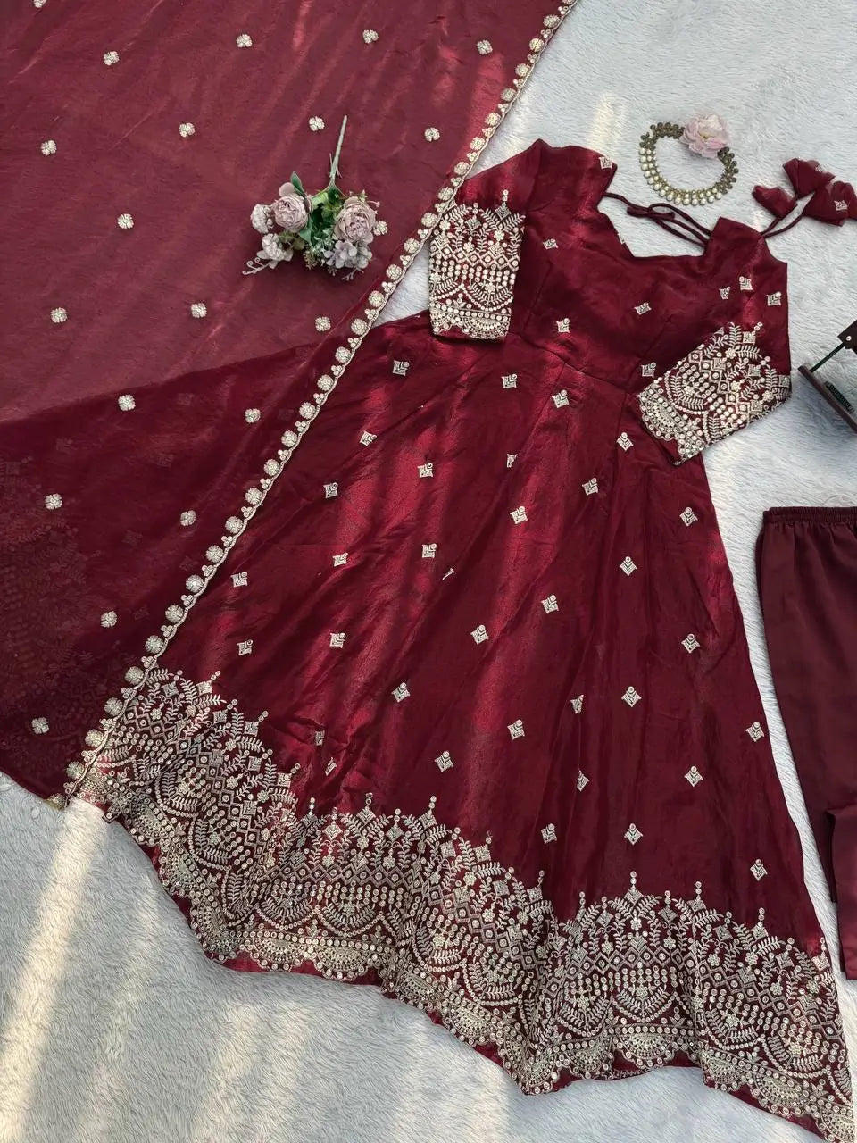 Embroidered Fendy Silk Anarkali Set with Dupatta
