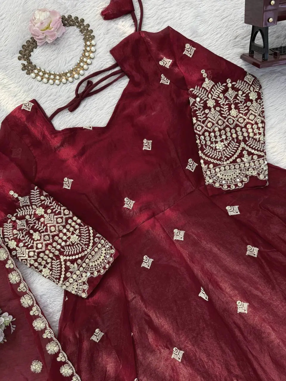 Embroidered Fendy Silk Anarkali Set with Dupatta