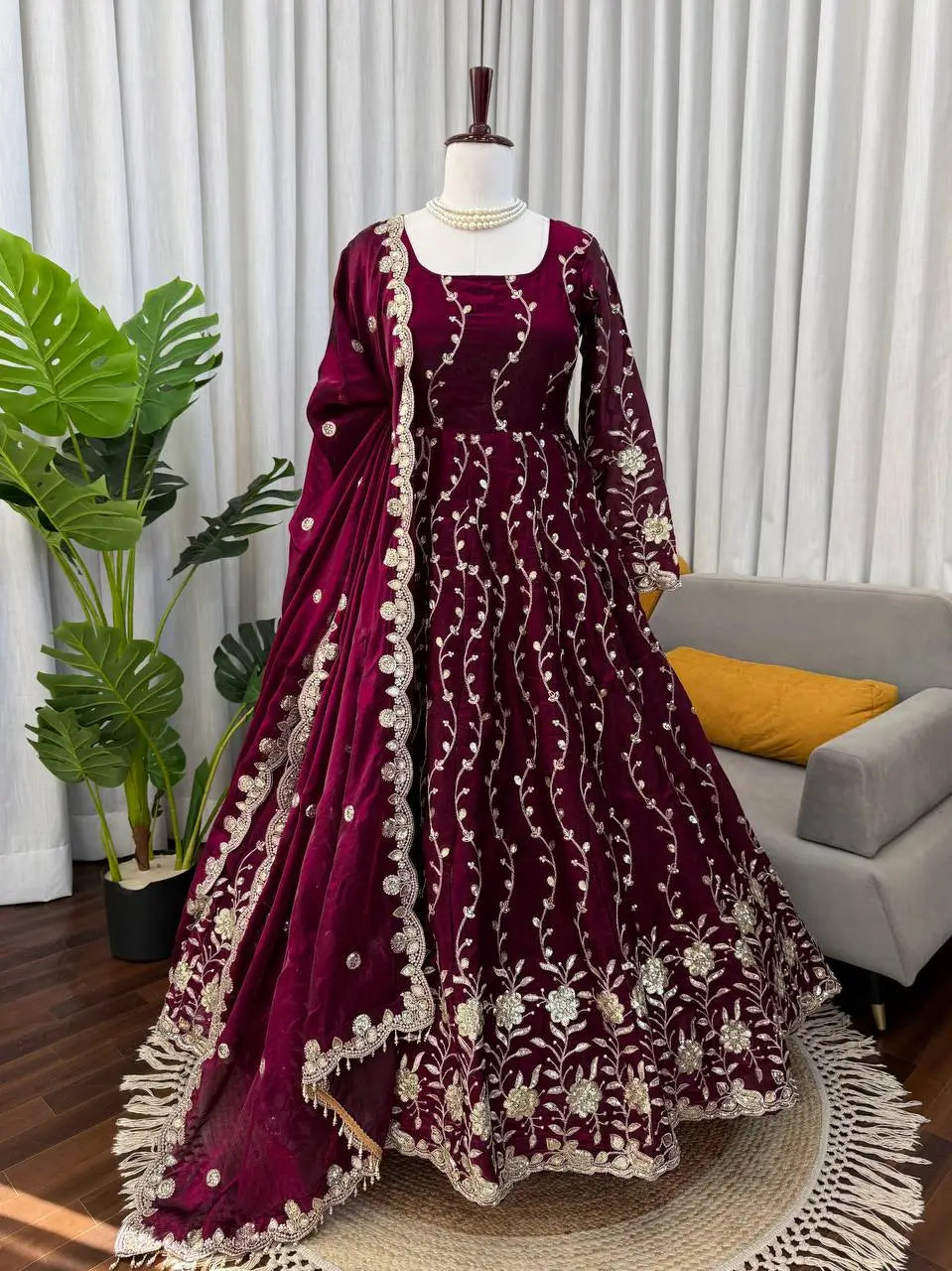 Embroidered Fendy Silk Anarkali Set with Dupatta