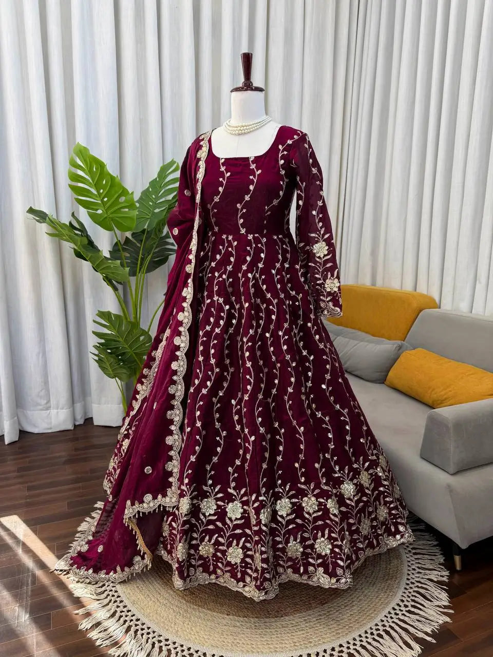 Embroidered Fendy Silk Anarkali Set with Dupatta
