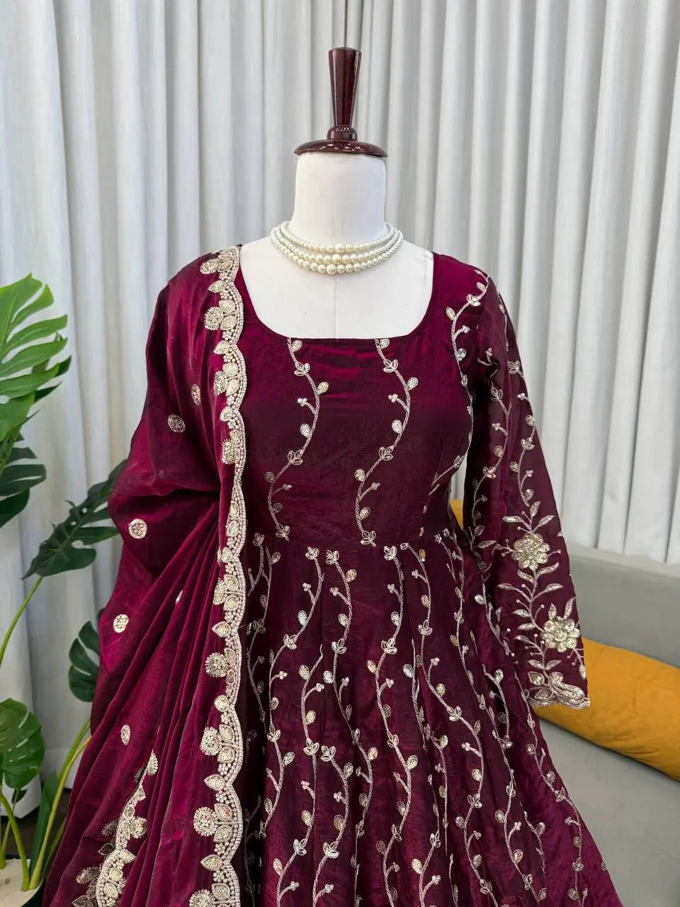 Embroidered Fendy Silk Anarkali Set with Dupatta