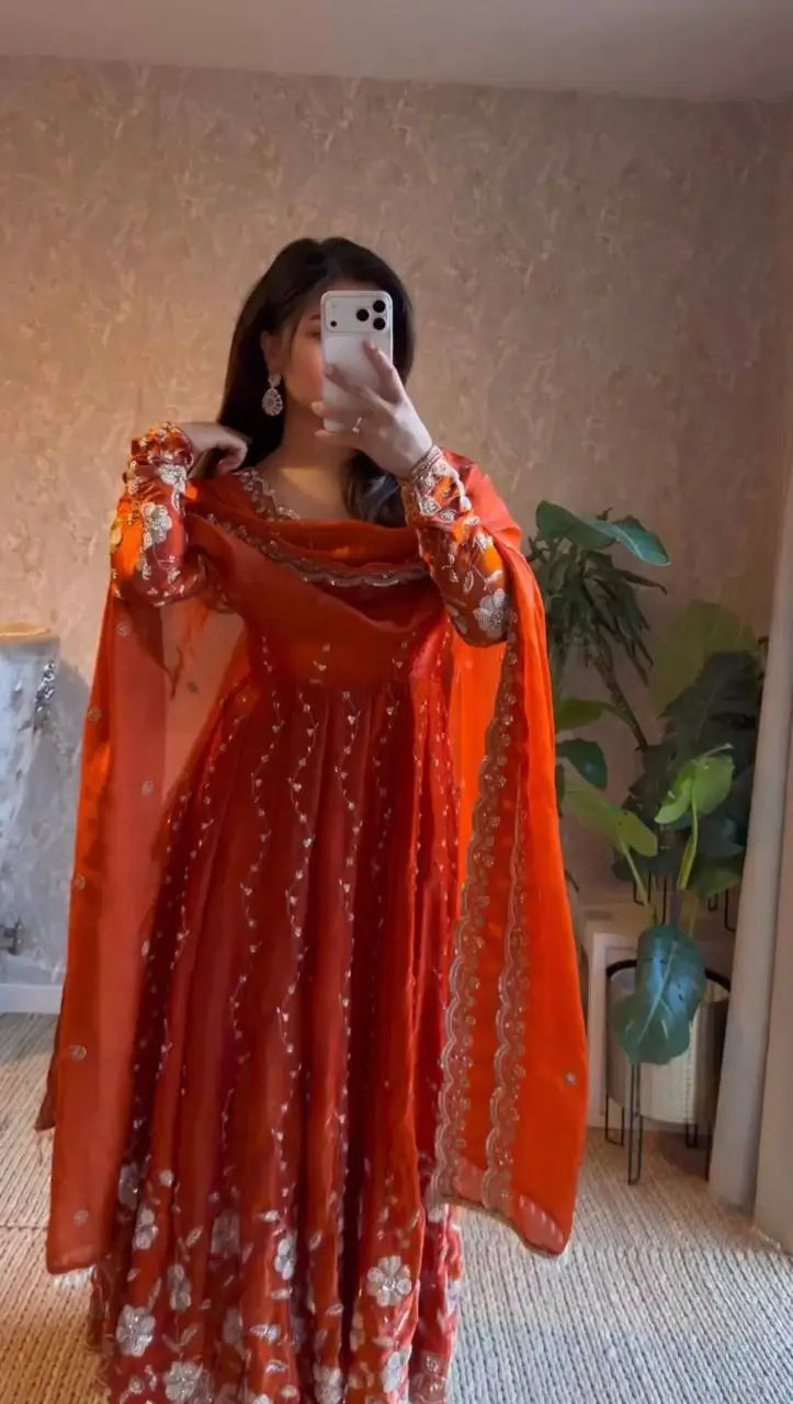 Embroidered Fendy Silk Anarkali Set with Dupatta