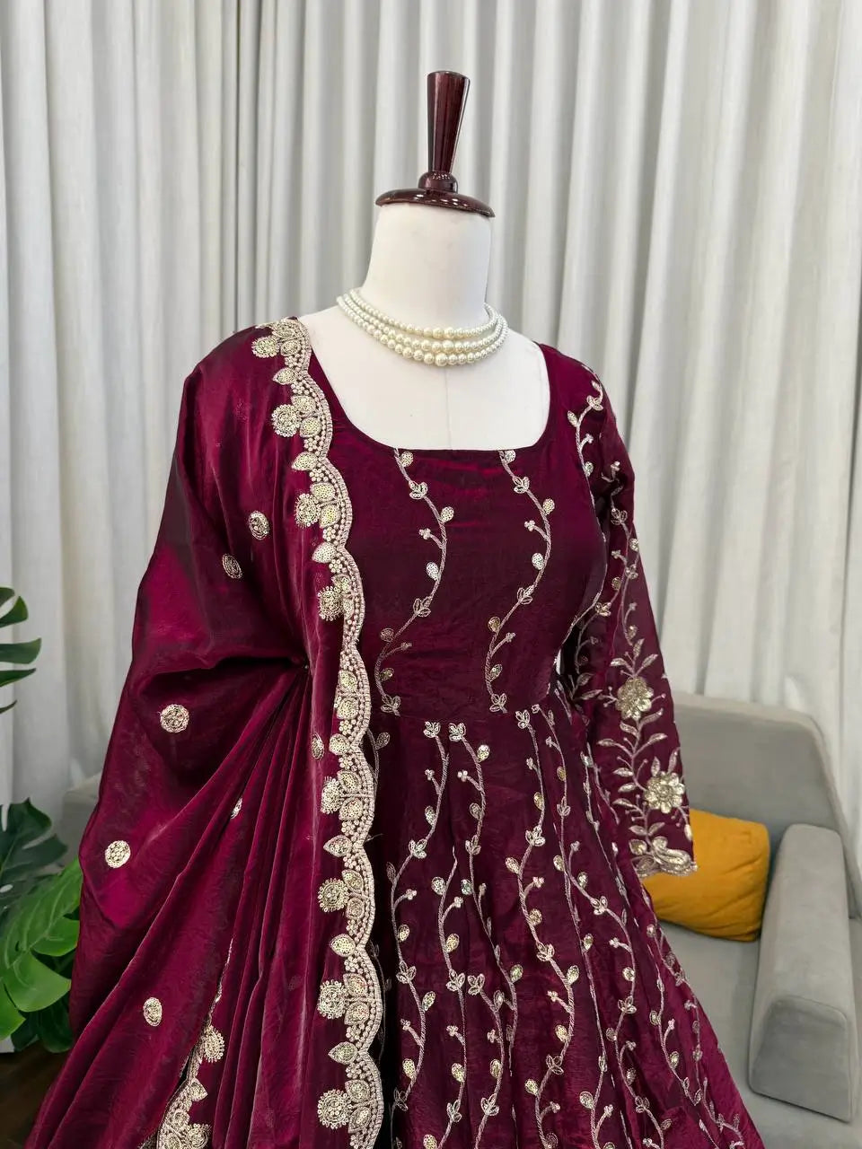 Embroidered Fendy Silk Anarkali Set with Dupatta