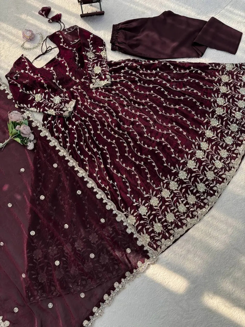 Embroidered Fendy Silk Anarkali Set with Dupatta