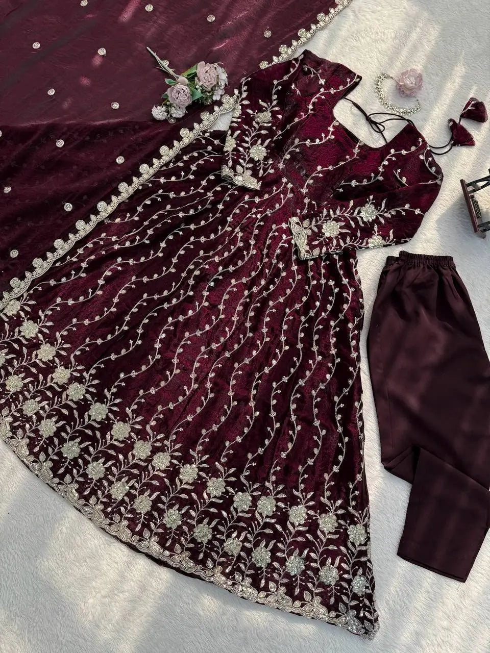 Embroidered Fendy Silk Anarkali Set with Dupatta
