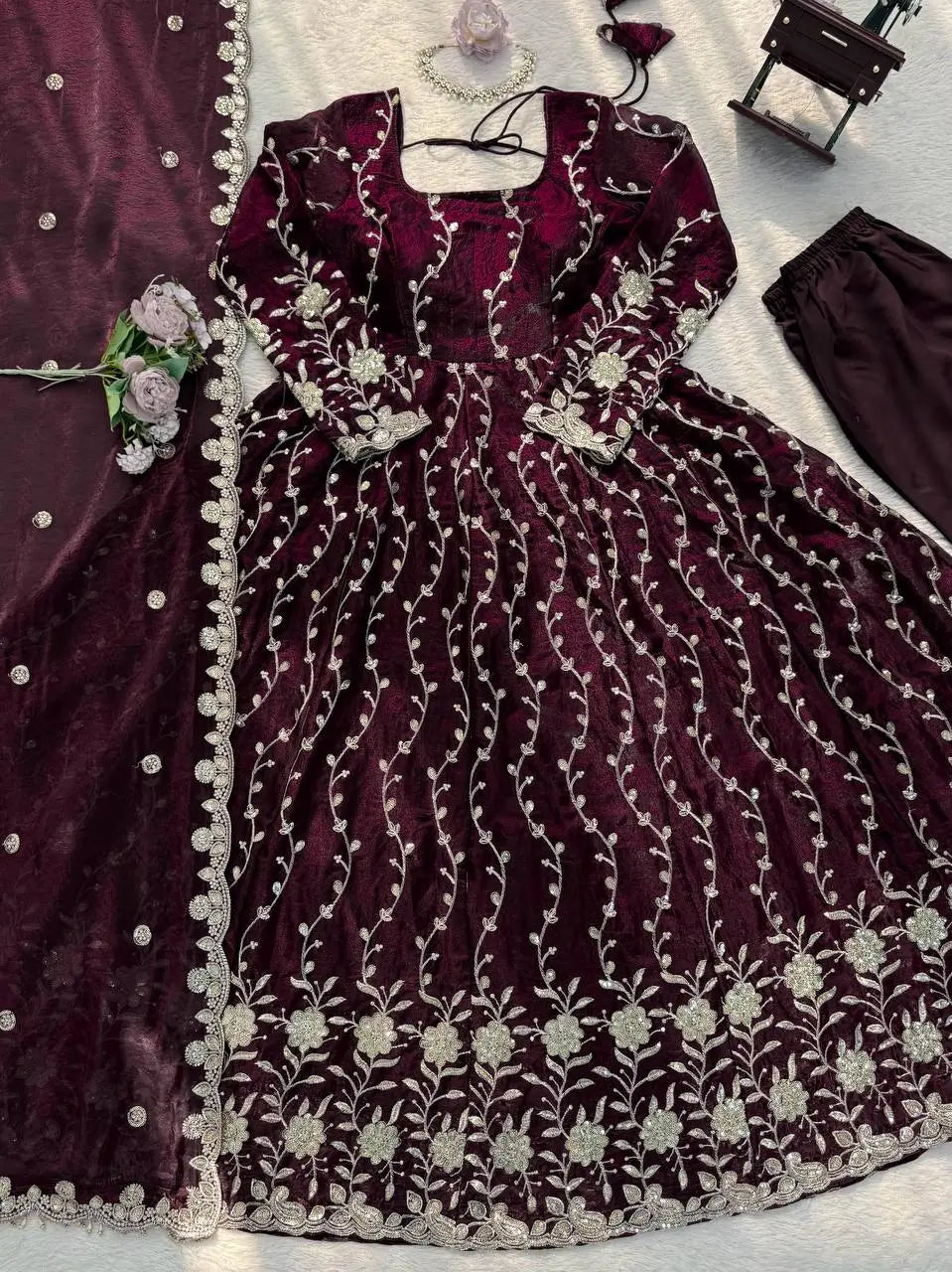 Embroidered Fendy Silk Anarkali Set with Dupatta
