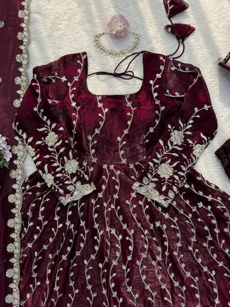 Embroidered Fendy Silk Anarkali Set with Dupatta