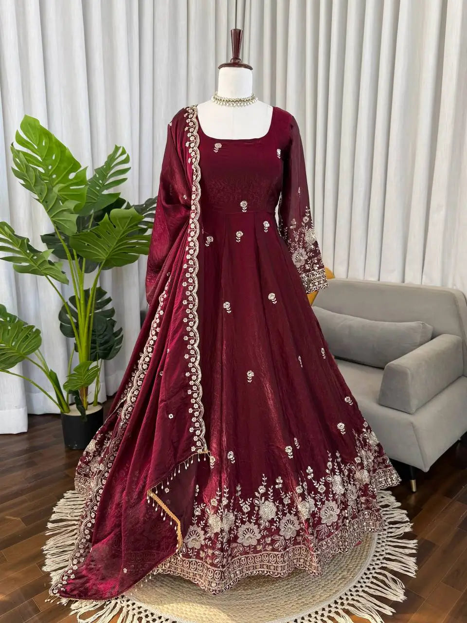 Embroidered Fendy Silk Anarkali Set with Dupatta