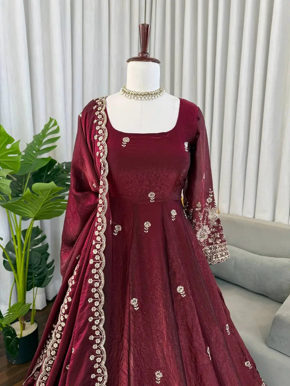 Embroidered Fendy Silk Anarkali Set with Dupatta