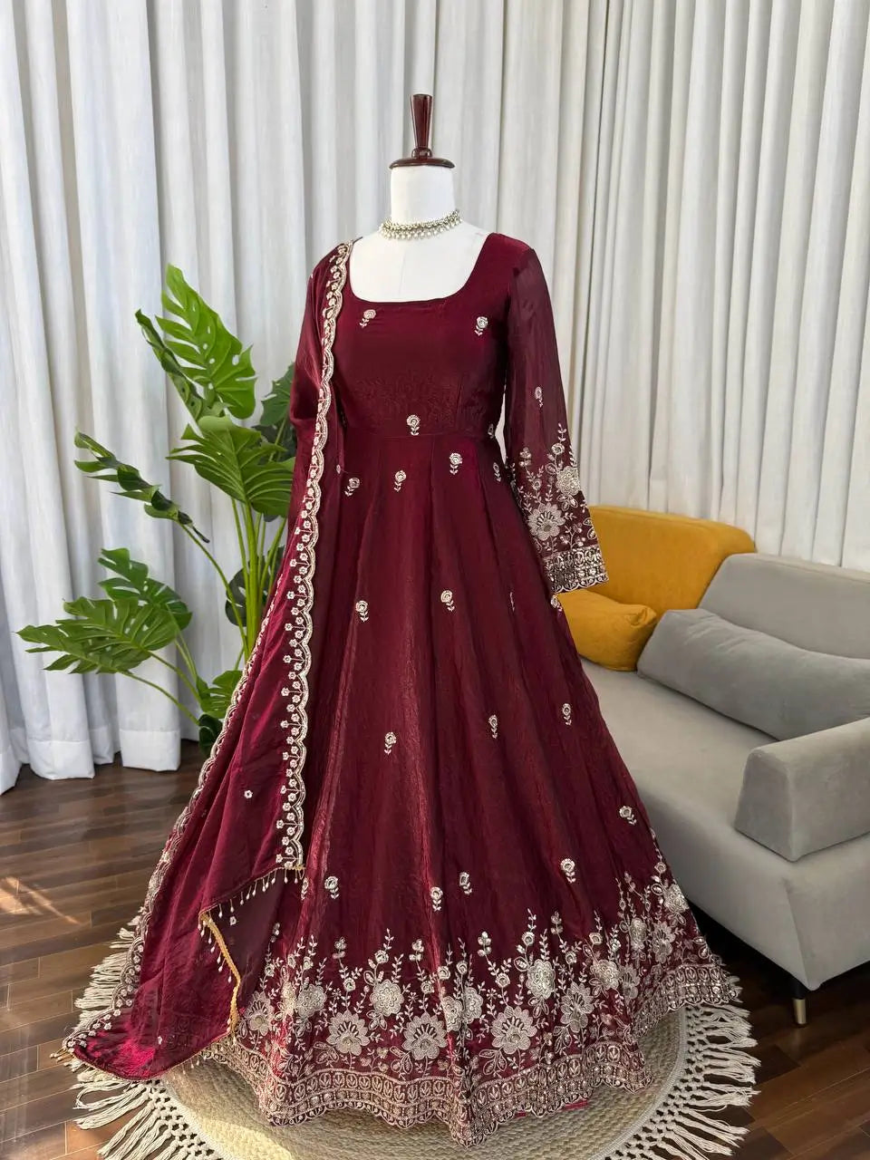 Embroidered Fendy Silk Anarkali Set with Dupatta