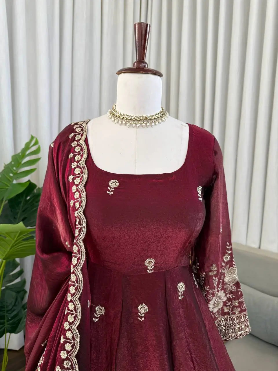 Embroidered Fendy Silk Anarkali Set with Dupatta