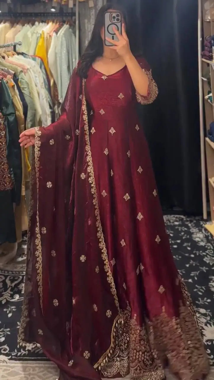Embroidered Fendy Silk Anarkali Set with Dupatta