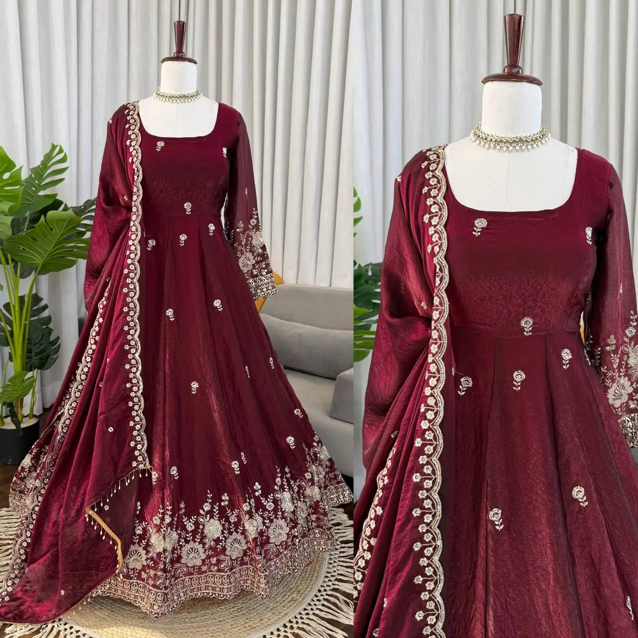 Embroidered Fendy Silk Anarkali Set with Dupatta