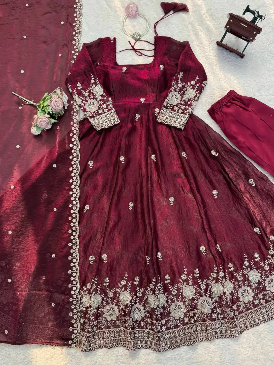 Embroidered Fendy Silk Anarkali Set with Dupatta