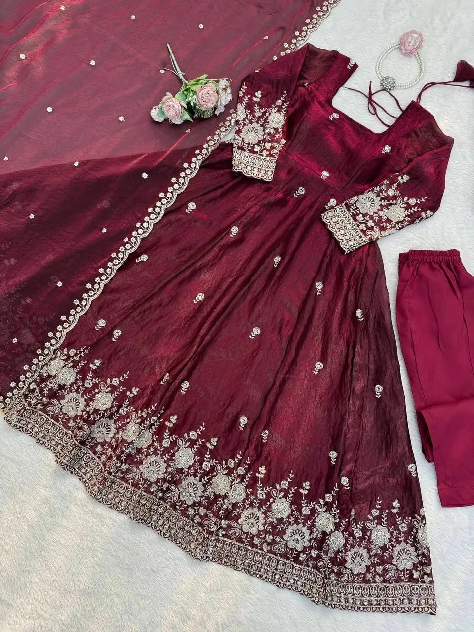 Embroidered Fendy Silk Anarkali Set with Dupatta