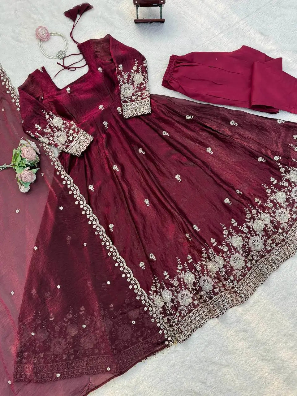 Embroidered Fendy Silk Anarkali Set with Dupatta