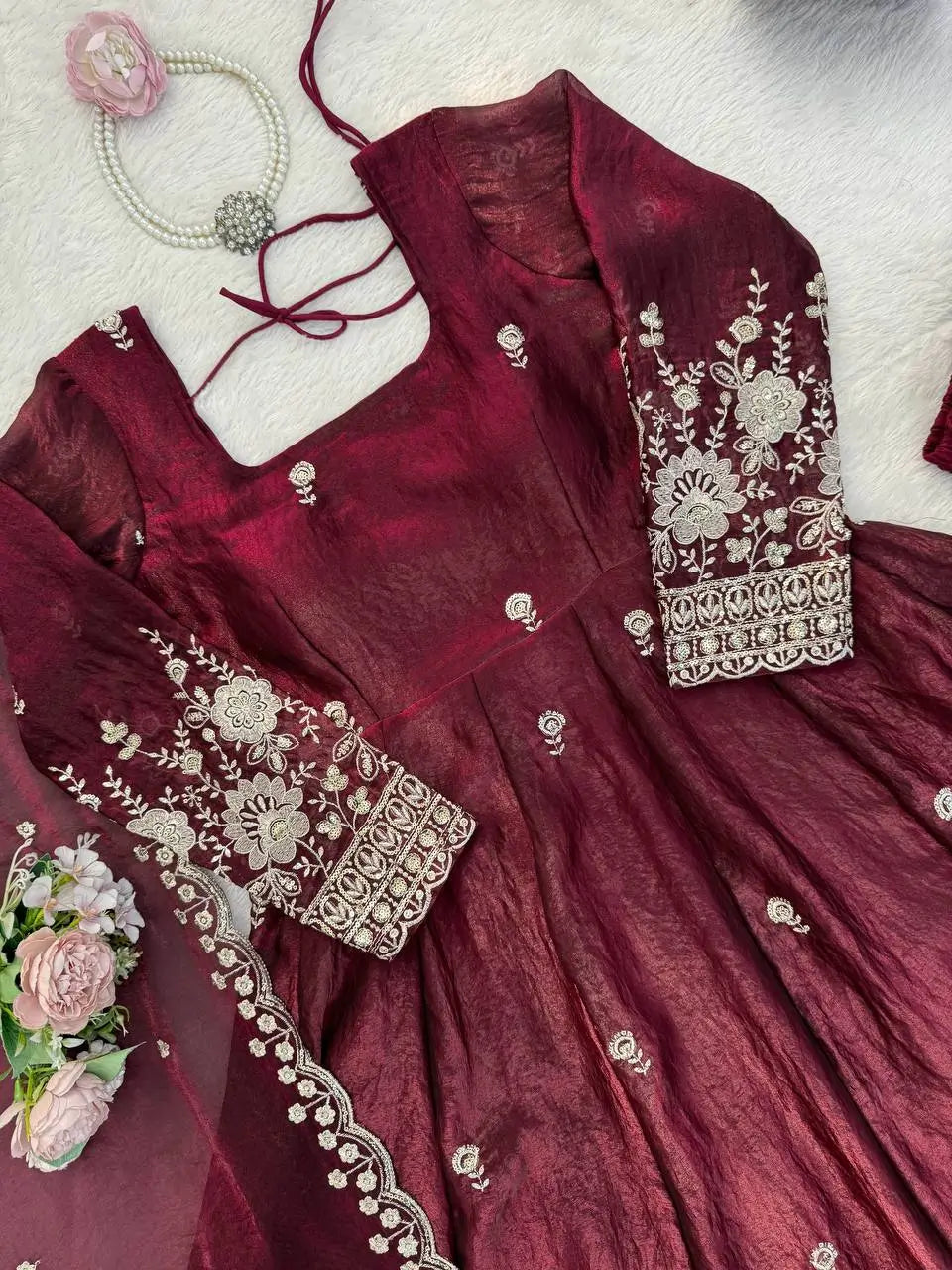 Embroidered Fendy Silk Anarkali Set with Dupatta